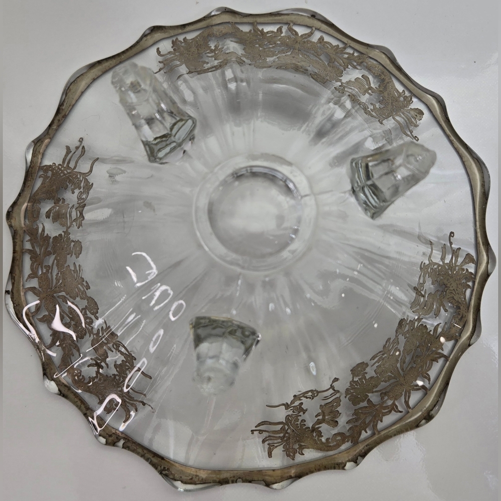 Vintage Silver City Glass 3 Footed‎ Bowl With Floral Silver Overlay - Picture 7 of 7